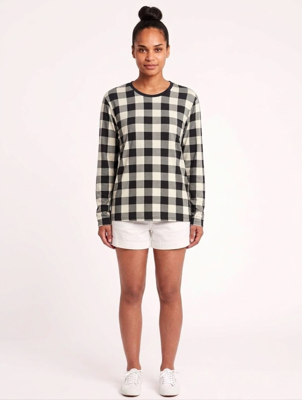 Womens Black & White Buffalo Check Long Sleeve Top For Women And Man XS-3XL NWT